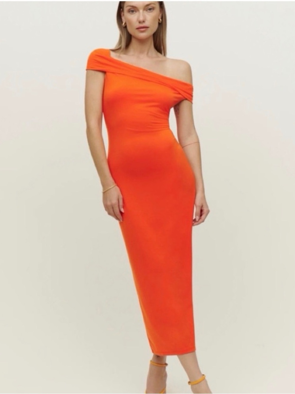 Reformation Niccola Off The Shoulder Knit Midi Dress Orange Small